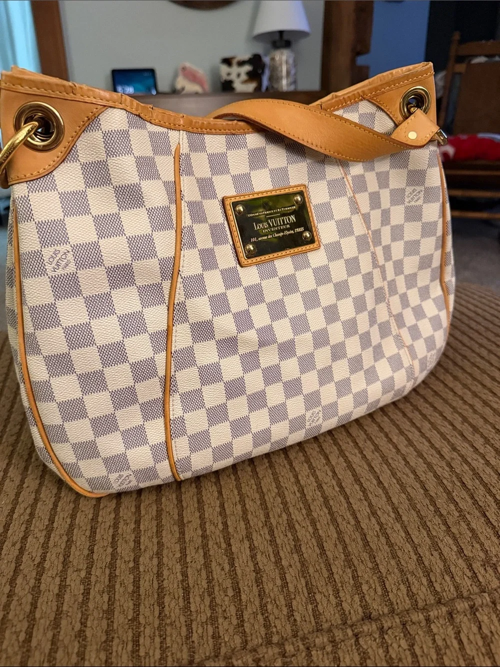 Louis Vuitton Damier Azur Galaria Canvas Shoulder Bag in White and Tan Leather